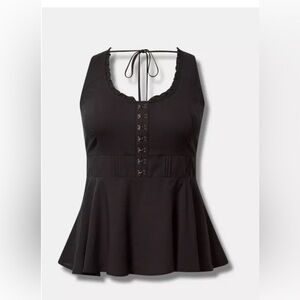 Torrid Babydoll Challis Corset Top Black Peplum Top with Lace-Up Detail